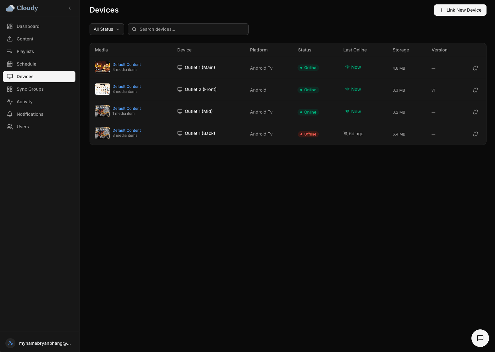 Cloudy devices list - live status, platform, storage and last-seen per screen