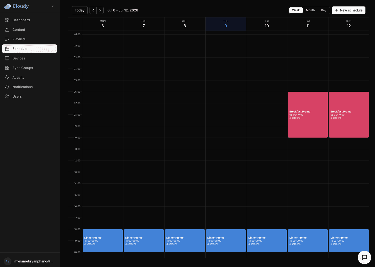 Cloudy — Schedule by day and hour